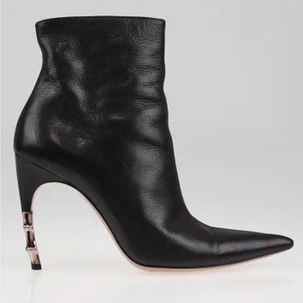 Gucci Black Goat Leather Ankle Boots with Rose Gold Metal Bamboo Heels - Picture 16 of 16